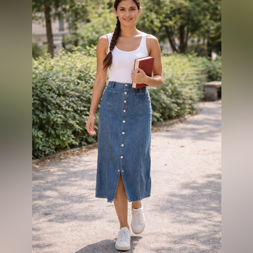 Christopher & Banks Blue‎ Casual Button-Front Midi Skirt 8 librarian academia